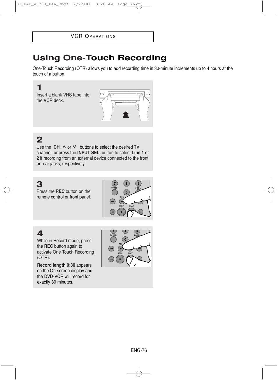 Using one-touch recording, Using one-t ouch recording | Samsung DVD-V9700-XAA User Manual | Page 76 / 88