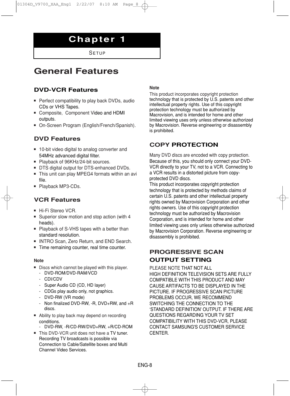 Chapter 1 : setup, General features, Dvd-vcr features | Dvd features, Vcr features, Copy protection, Progressive scan output setting | Samsung DVD-V9700-XAA User Manual | Page 8 / 88