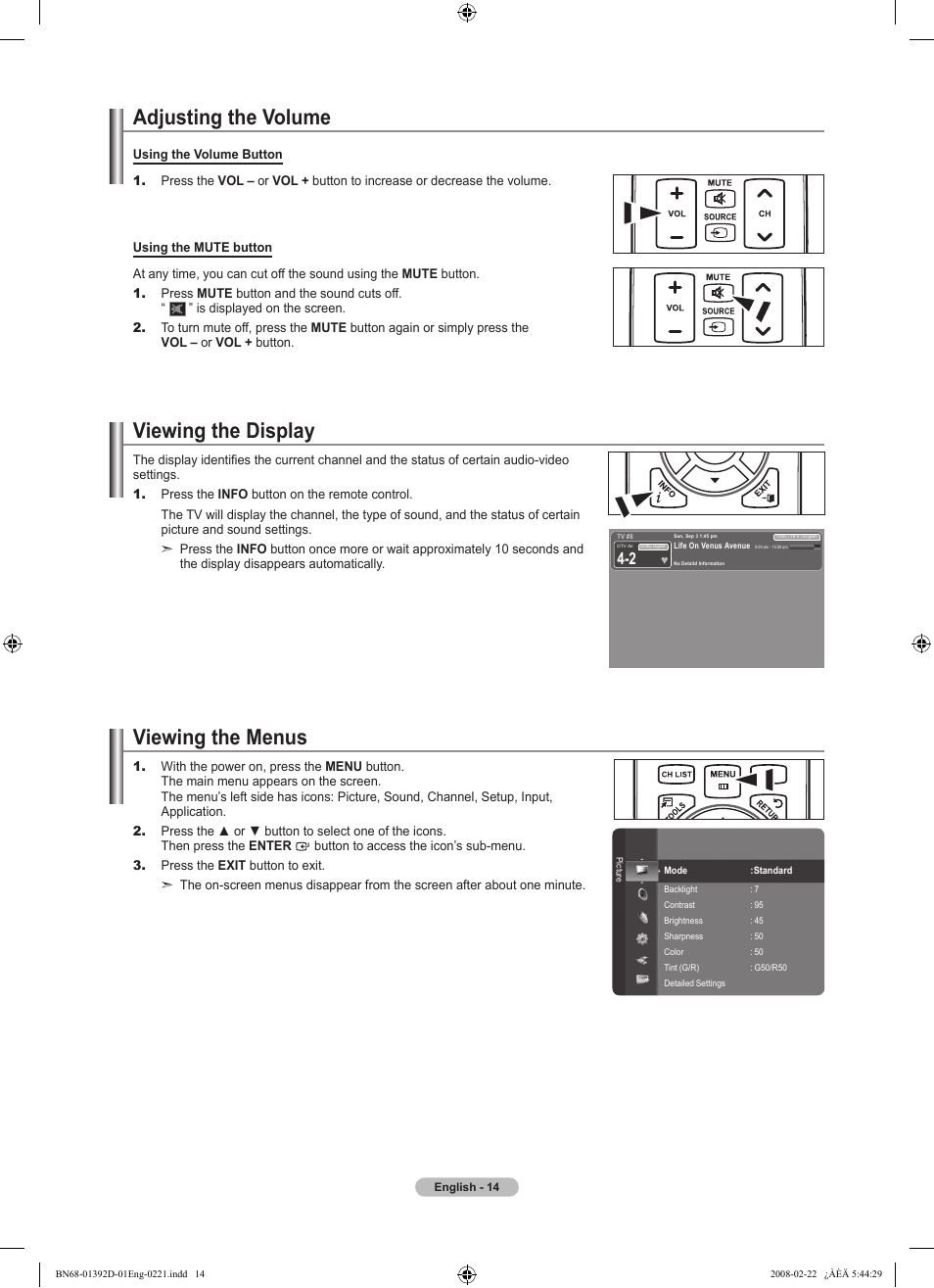 Adjusting the volume, Viewing the display, Viewing the menus | Samsung LN40A530P1FXZA User Manual | Page 16 / 161