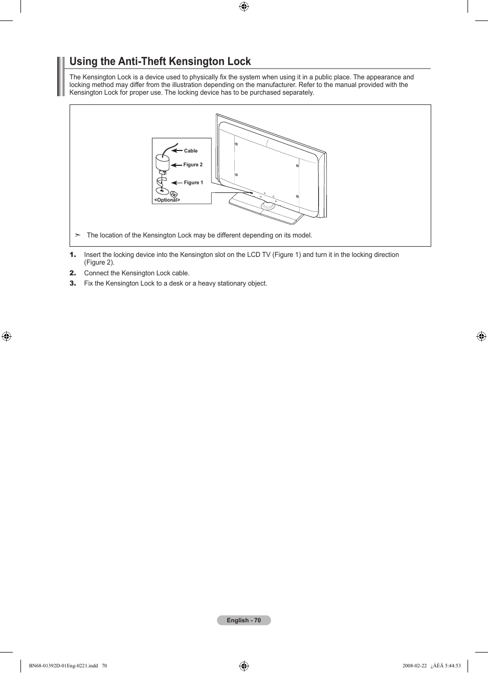 Using the anti-theft kensington lock | Samsung LN40A530P1FXZA User Manual | Page 72 / 161