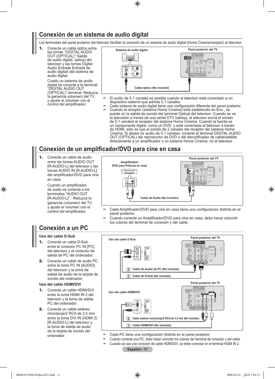 Conexión de un sistema de audio digital, Conexión de un amplificador/dvd para cine en casa, Conexión a un pc | Samsung LN40A530P1FXZA User Manual | Page 97 / 161