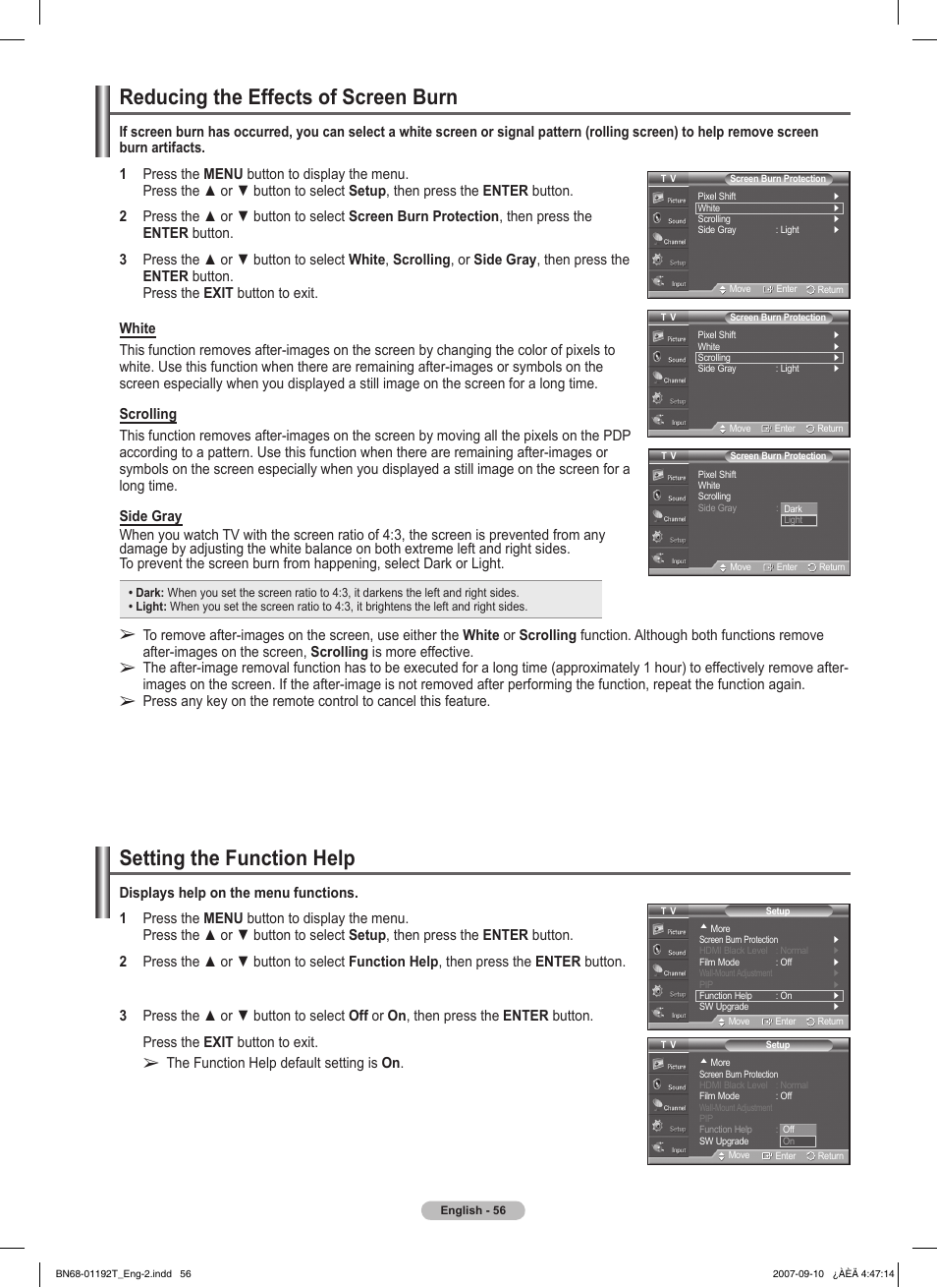 Reducing the effects of screen burn, Setting the function help | Samsung HPT5044X-XAA User Manual | Page 56 / 72