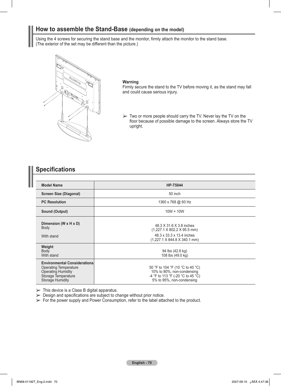 Specifications, How to assemble the stand-base | Samsung HPT5044X-XAA User Manual | Page 70 / 72