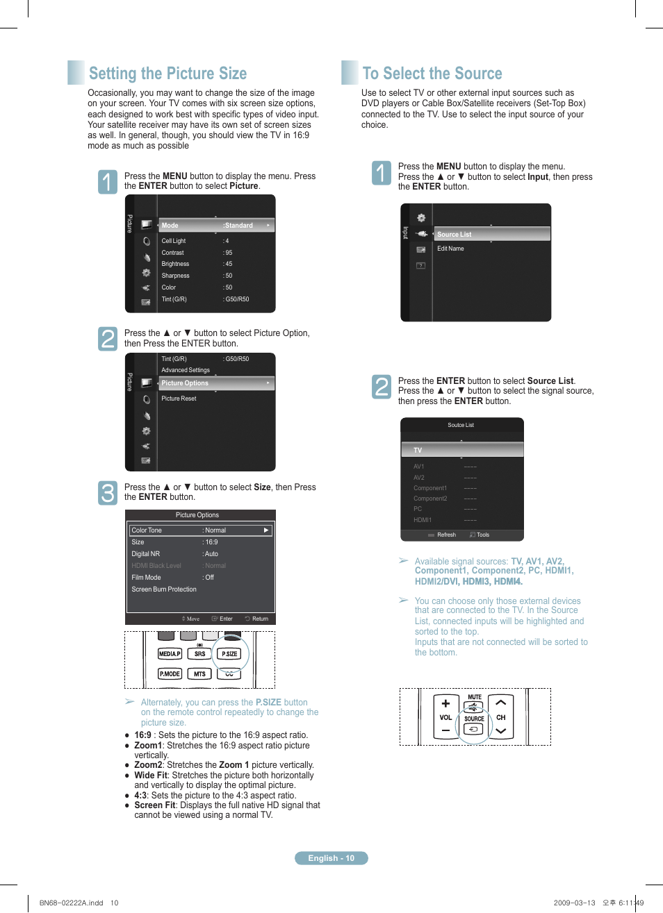 Setting the picture size | Samsung PN63B550T2FXZA User Manual | Page 10 / 12
