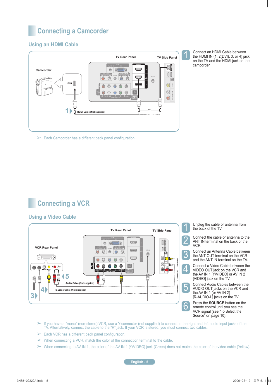 Connecting a vcr, Connecting a camcorder | Samsung PN63B550T2FXZA User Manual | Page 5 / 12