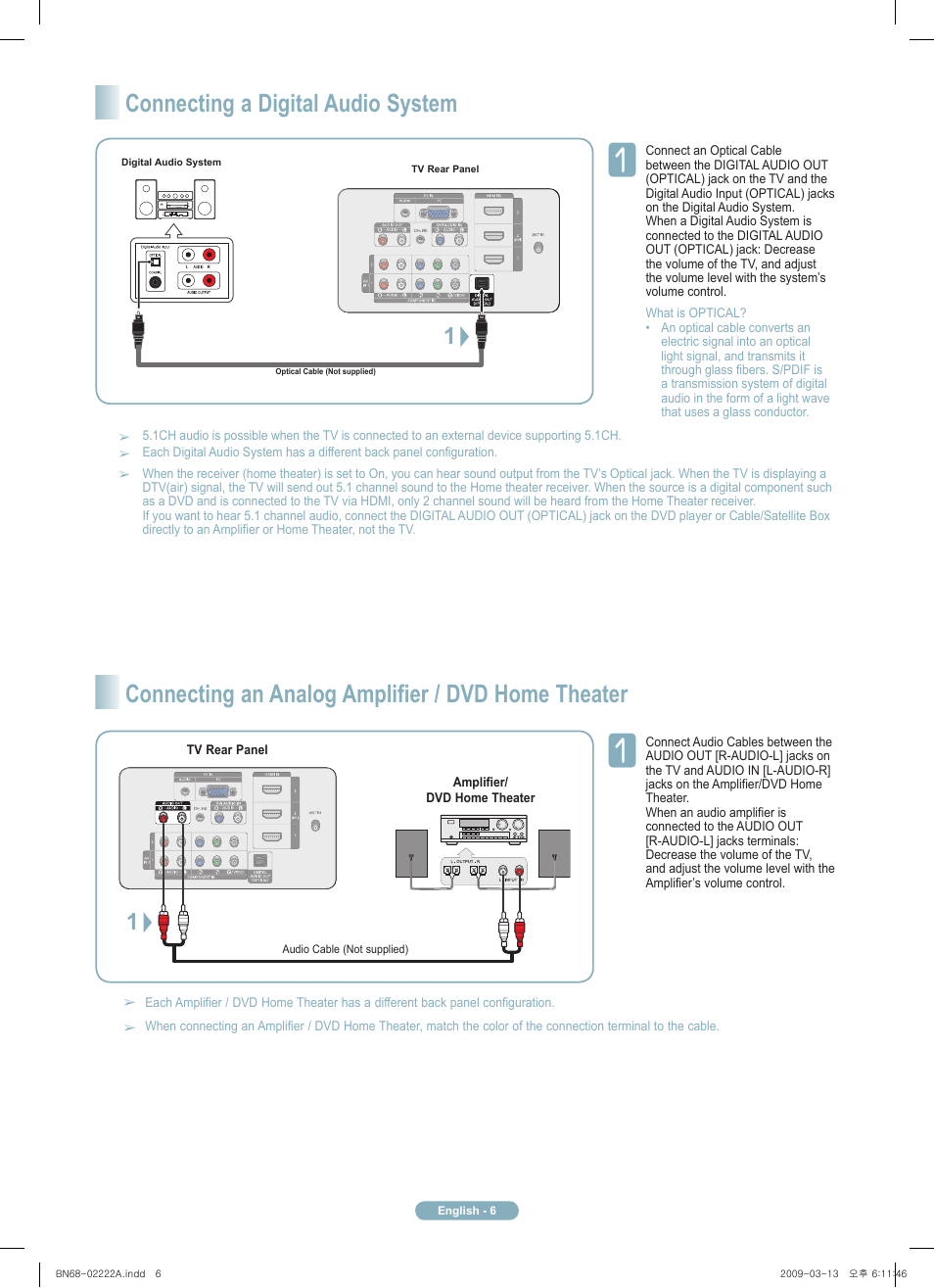 Connecting a digital audio system, Connecting an analog amplifier / dvd home theater | Samsung PN63B550T2FXZA User Manual | Page 6 / 12