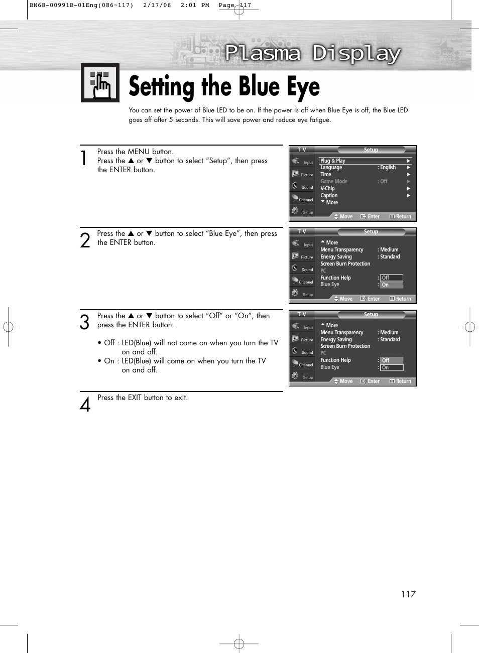 Setting the blue eye | Samsung HPS4253X-XAC User Manual | Page 117 / 144