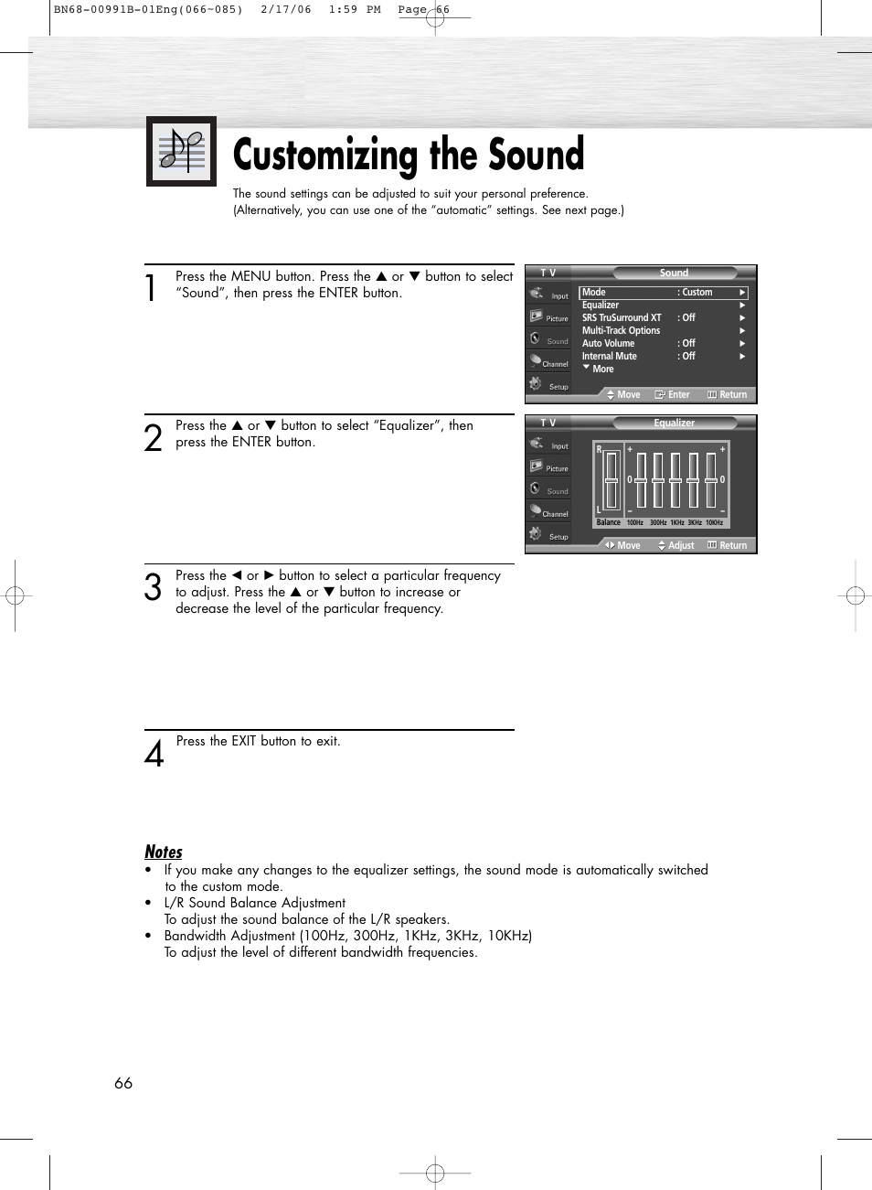 Sound control, Customizing the sound | Samsung HPS4253X-XAC User Manual | Page 66 / 144