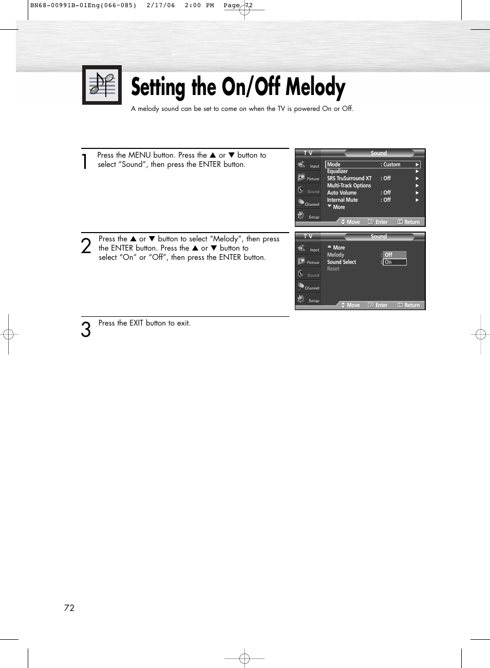 Setting the on/off melody | Samsung HPS4253X-XAC User Manual | Page 72 / 144