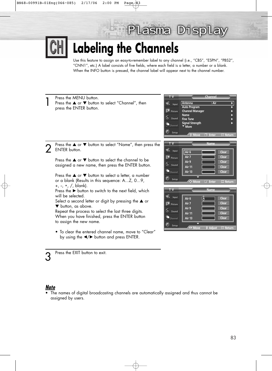 Labeling the channels | Samsung HPS4253X-XAC User Manual | Page 83 / 144