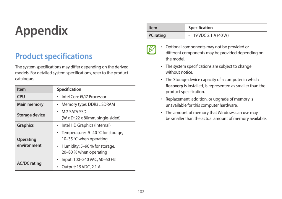Appendix, Product specifications, 102 product specifications | Samsung NP940X5J-K01US User Manual | Page 102 / 149