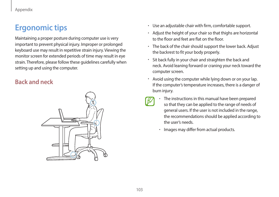 Ergonomic tips, 103 ergonomic tips, Back and neck | Samsung NP940X5J-K01US User Manual | Page 103 / 149