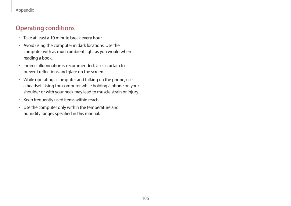 Operating conditions | Samsung NP940X5J-K01US User Manual | Page 106 / 149