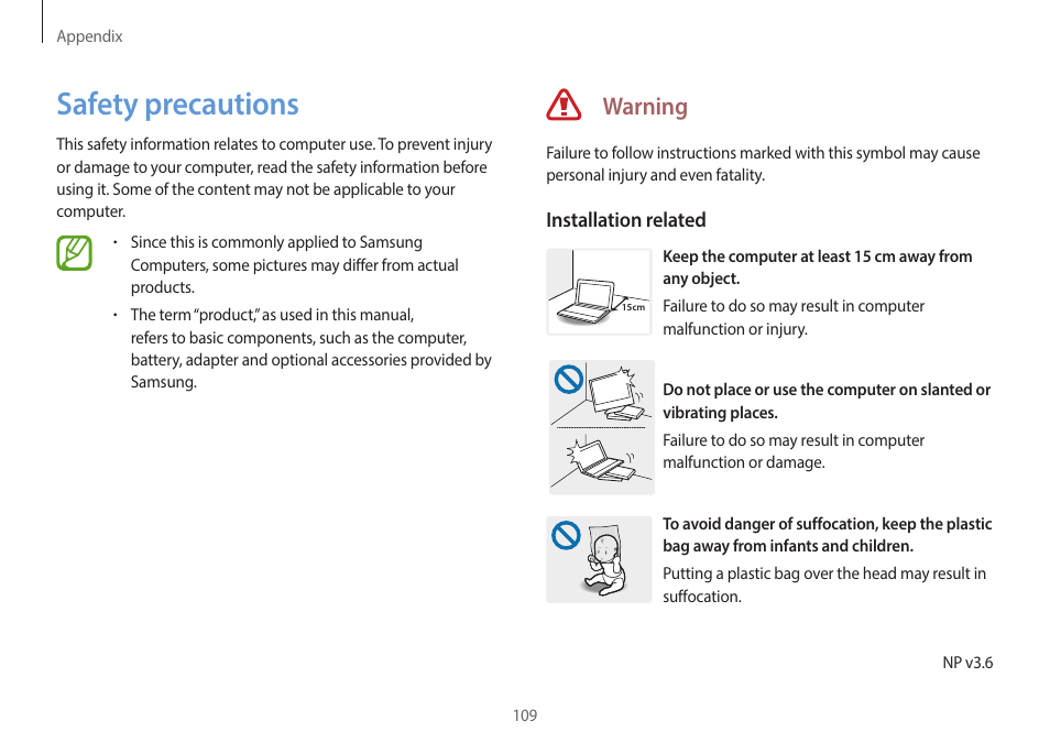Safety precautions, 109 safety precautions, Warning | Samsung NP940X5J-K01US User Manual | Page 109 / 149