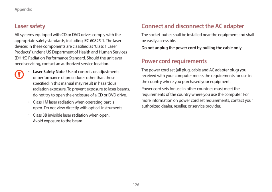 Connect and disconnect the ac adapter, Power cord requirements, Laser safety | Samsung NP940X5J-K01US User Manual | Page 126 / 149