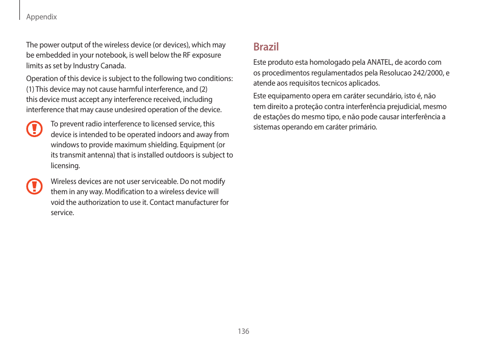 Brazil | Samsung NP940X5J-K01US User Manual | Page 136 / 149