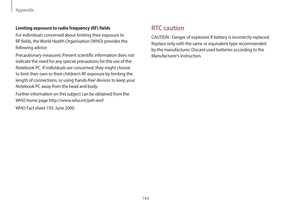 Rtc caution | Samsung NP940X5J-K01US User Manual | Page 144 / 149