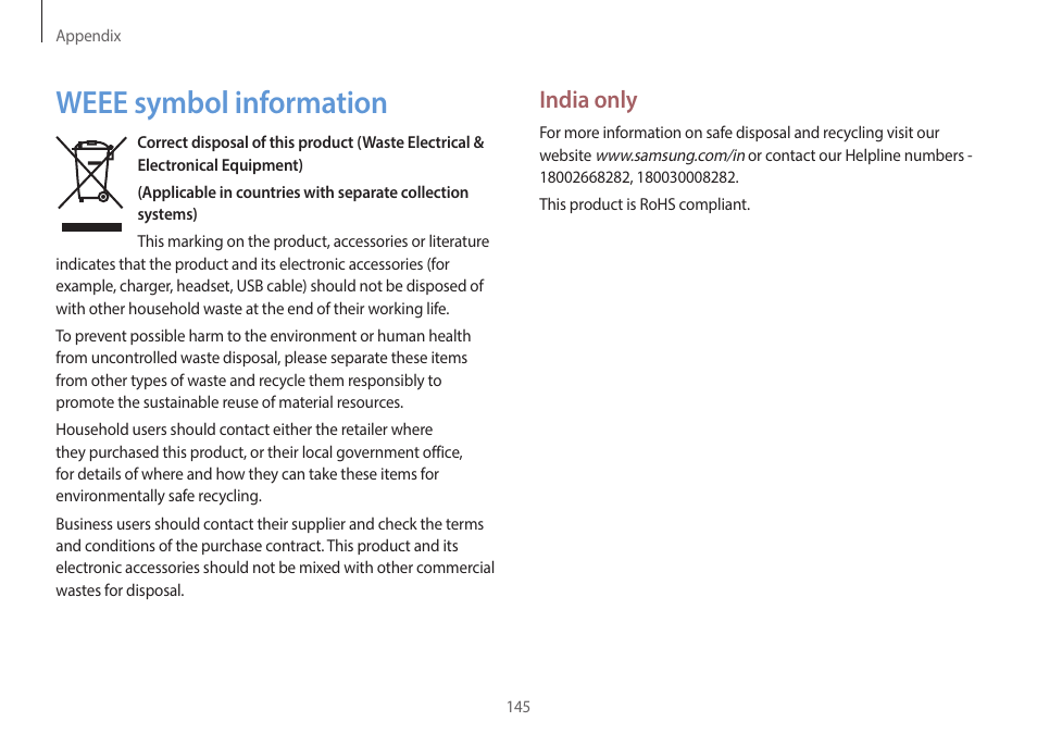 Weee symbol information, 145 weee symbol information, India only | Samsung NP940X5J-K01US User Manual | Page 145 / 149