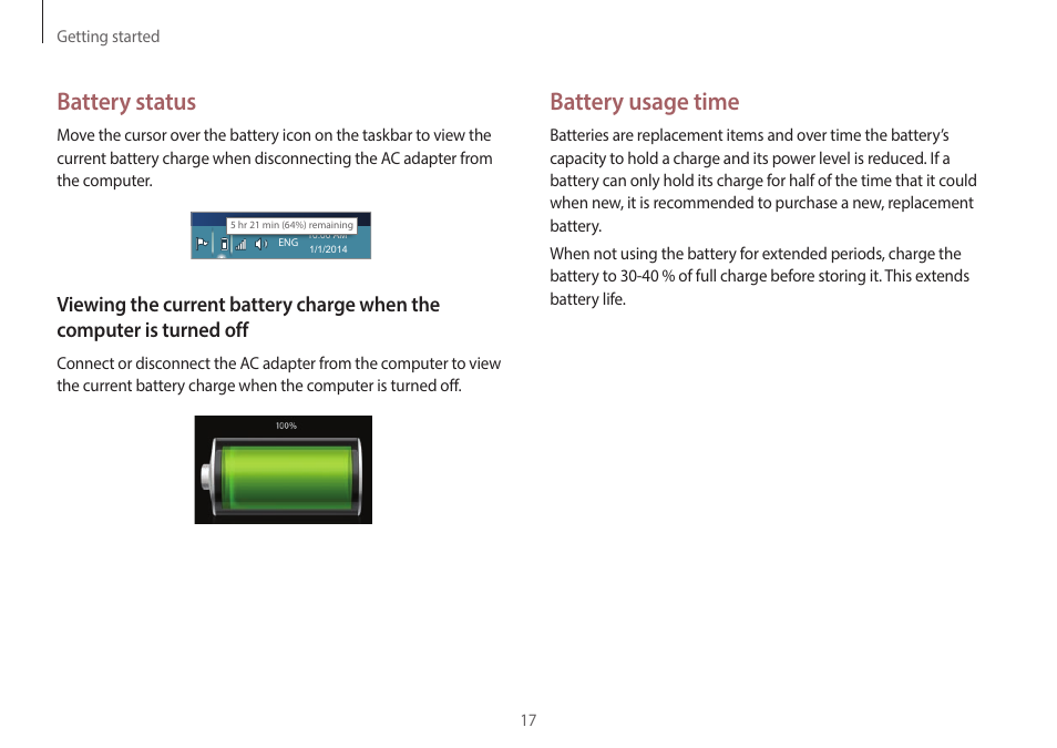 Battery usage time, Battery status | Samsung NP940X5J-K01US User Manual | Page 17 / 149