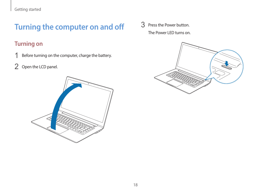 Turning the computer on and off, 18 turning the computer on, And off | Samsung NP940X5J-K01US User Manual | Page 18 / 149