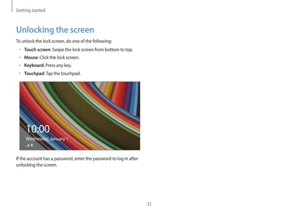 Unlocking the screen, 21 unlocking the screen | Samsung NP940X5J-K01US User Manual | Page 21 / 149