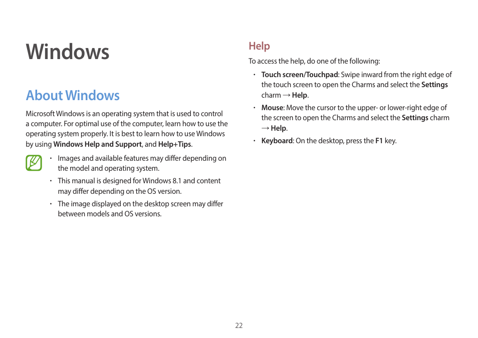 Windows, About windows, 22 about windows | Help | Samsung NP940X5J-K01US User Manual | Page 22 / 149