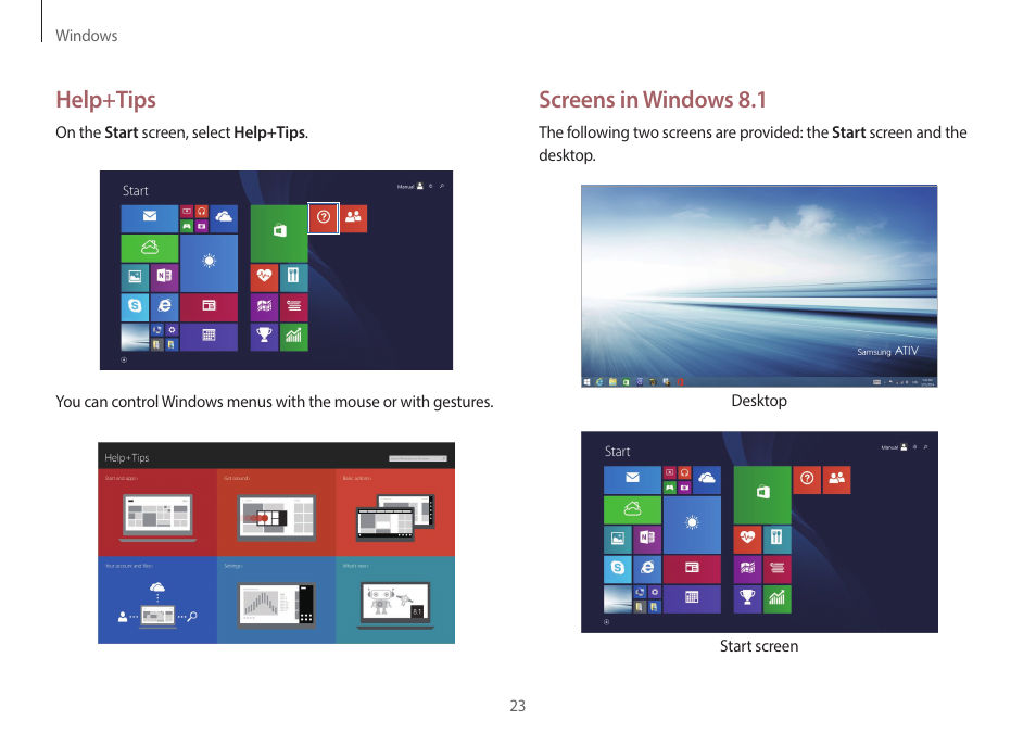Help+tips, Screens in windows 8.1 | Samsung NP940X5J-K01US User Manual | Page 23 / 149