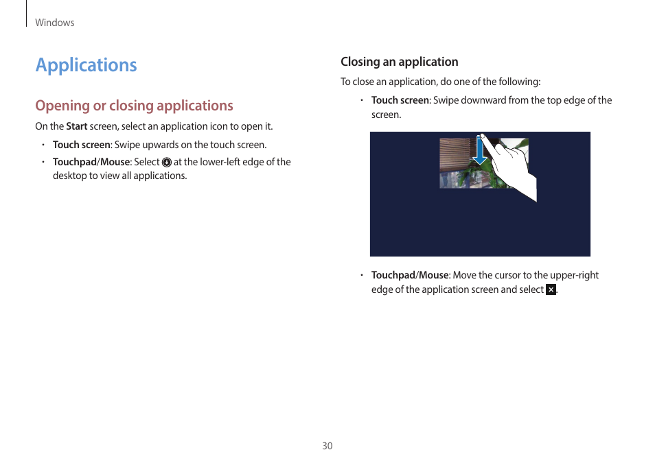 Applications, 30 applications, Opening or closing applications | Samsung NP940X5J-K01US User Manual | Page 30 / 149