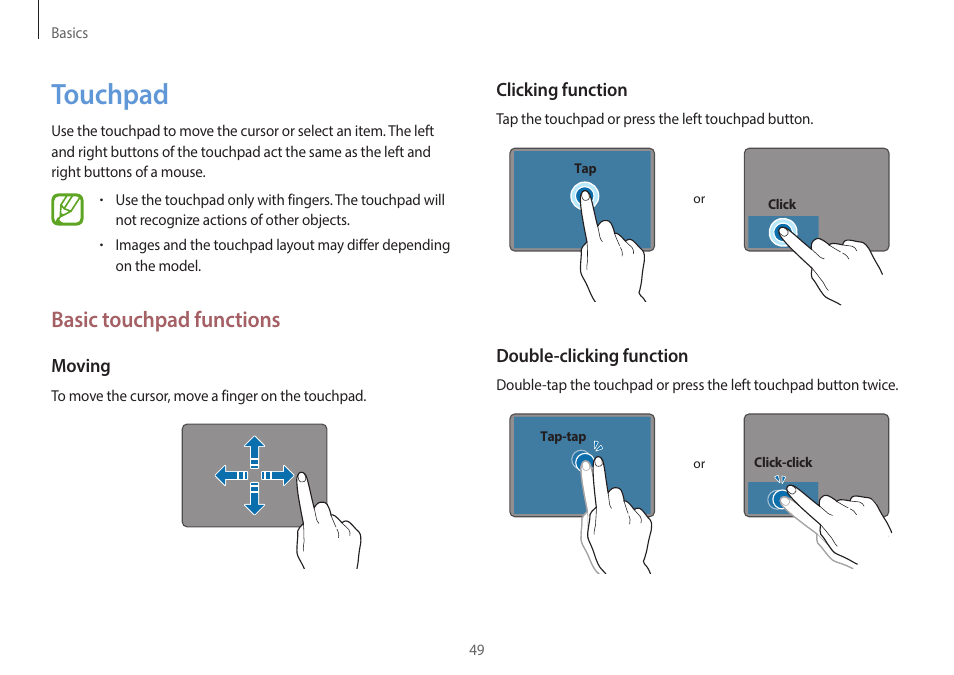 Touchpad, 49 touchpad, Basic touchpad functions | Samsung NP940X5J-K01US User Manual | Page 49 / 149