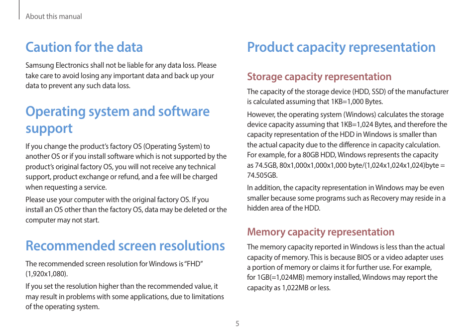 Product capacity representation, Caution for the data, Operating system and software support | Recommended screen resolutions | Samsung NP940X5J-K01US User Manual | Page 5 / 149