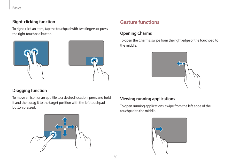 Gesture functions | Samsung NP940X5J-K01US User Manual | Page 50 / 149