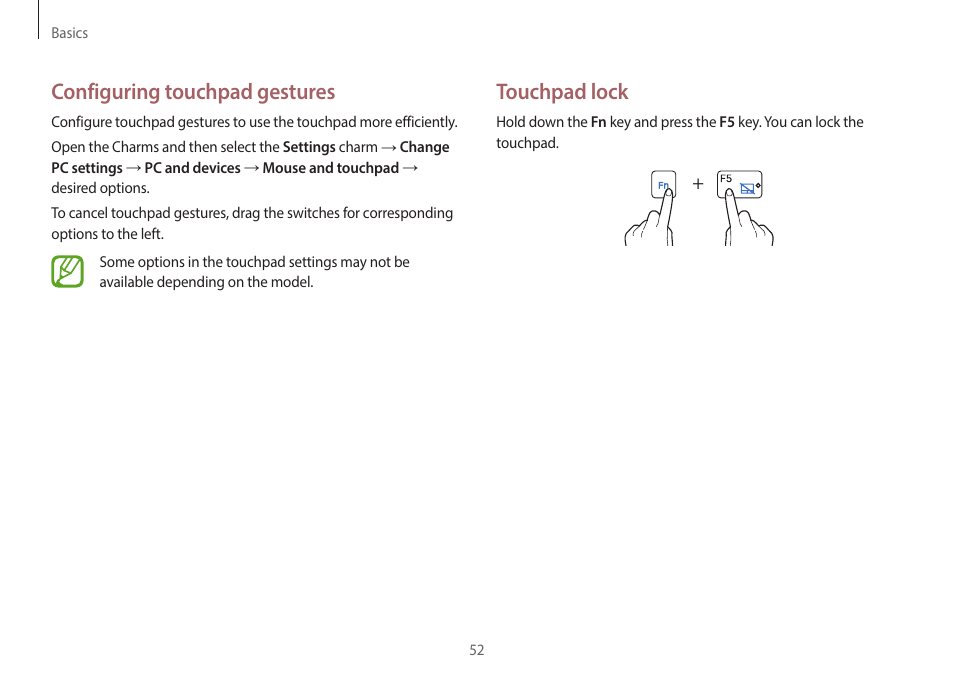 Touchpad lock, Configuring touchpad gestures | Samsung NP940X5J-K01US User Manual | Page 52 / 149