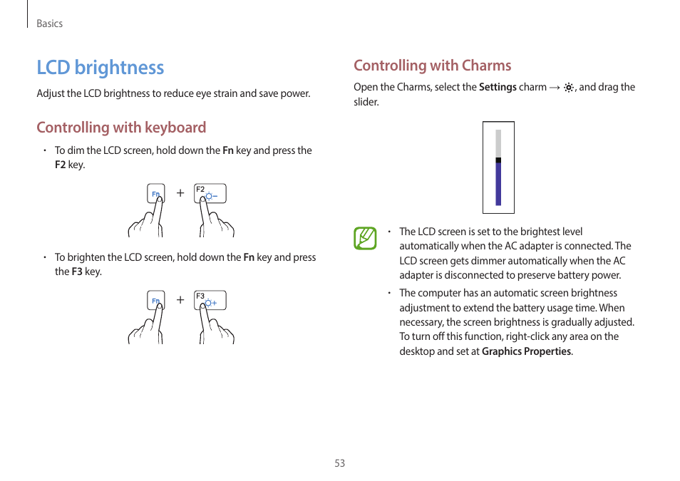 Lcd brightness, 53 lcd brightness, Controlling with charms | Controlling with keyboard | Samsung NP940X5J-K01US User Manual | Page 53 / 149