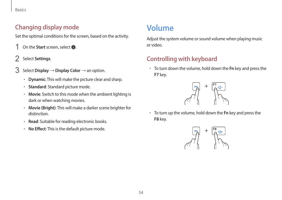 Volume, 54 volume, Controlling with keyboard | Changing display mode | Samsung NP940X5J-K01US User Manual | Page 54 / 149