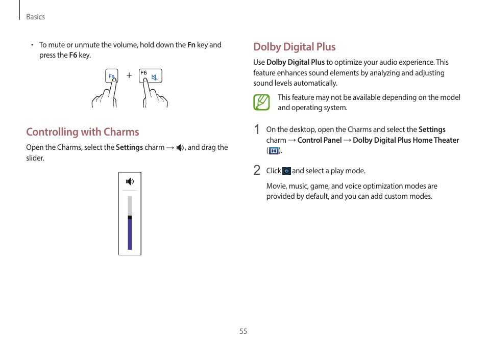 Dolby digital plus, Controlling with charms | Samsung NP940X5J-K01US User Manual | Page 55 / 149