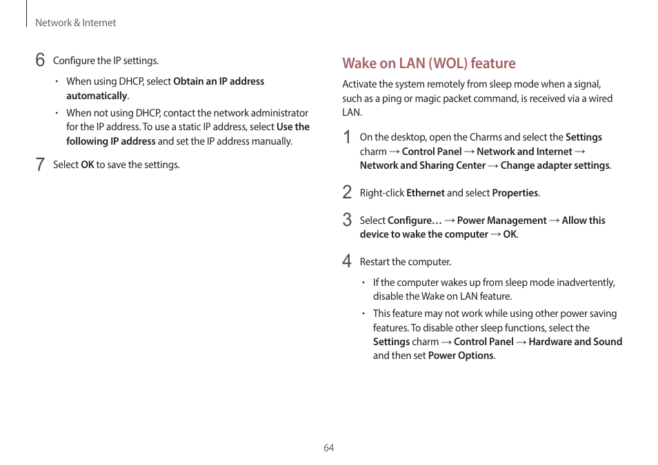Wake on lan (wol) feature | Samsung NP940X5J-K01US User Manual | Page 64 / 149