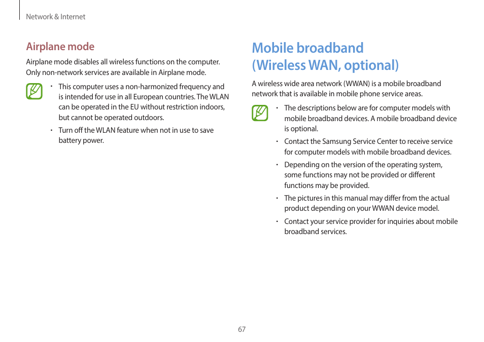 Mobile broadband (wireless wan, optional), 67 mobile broadband, Wireless wan, optional) | Airplane mode | Samsung NP940X5J-K01US User Manual | Page 67 / 149
