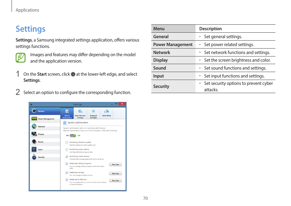 Settings, 70 settings | Samsung NP940X5J-K01US User Manual | Page 70 / 149