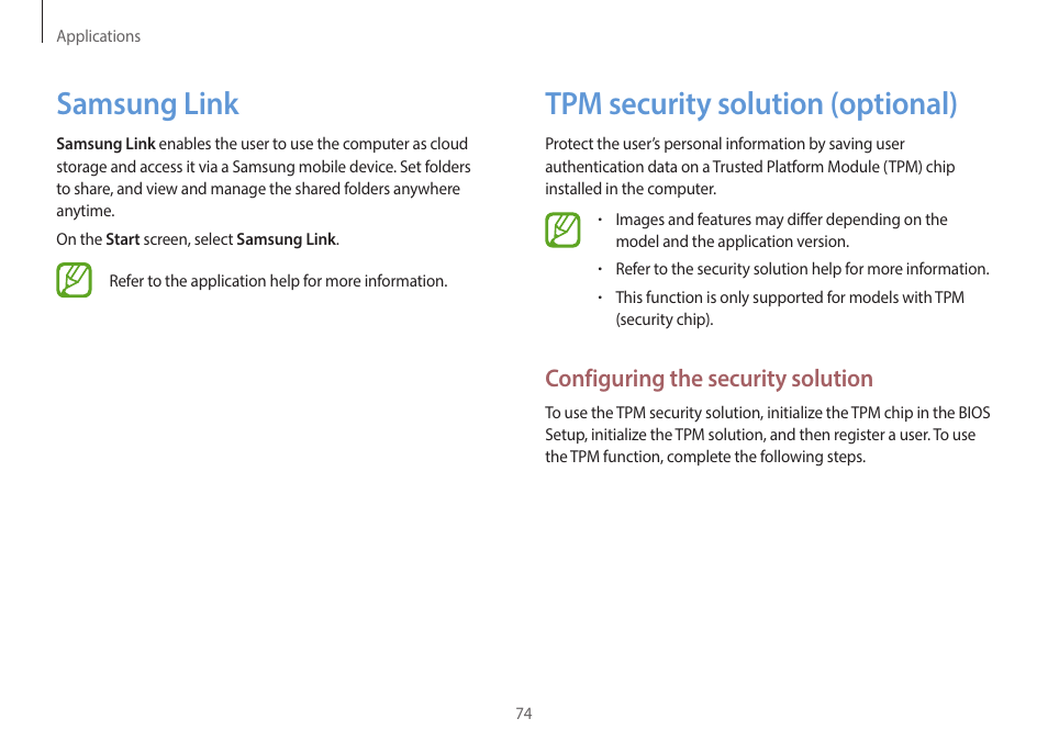 Samsung link, Tpm security solution (optional), 74 samsung link | 74 tpm security solution, Optional), Configuring the security solution | Samsung NP940X5J-K01US User Manual | Page 74 / 149