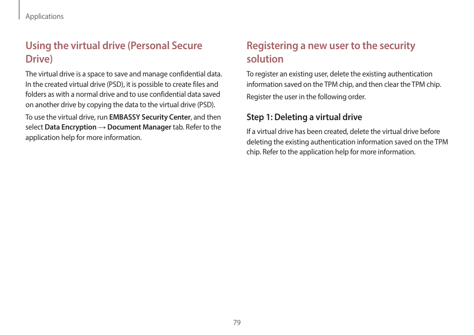 Registering a new user to the security solution, Using the virtual drive (personal secure drive) | Samsung NP940X5J-K01US User Manual | Page 79 / 149