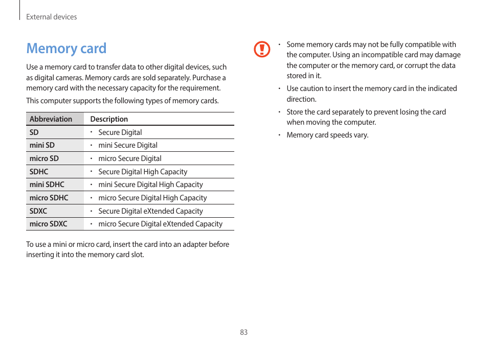 Memory card, 83 memory card | Samsung NP940X5J-K01US User Manual | Page 83 / 149