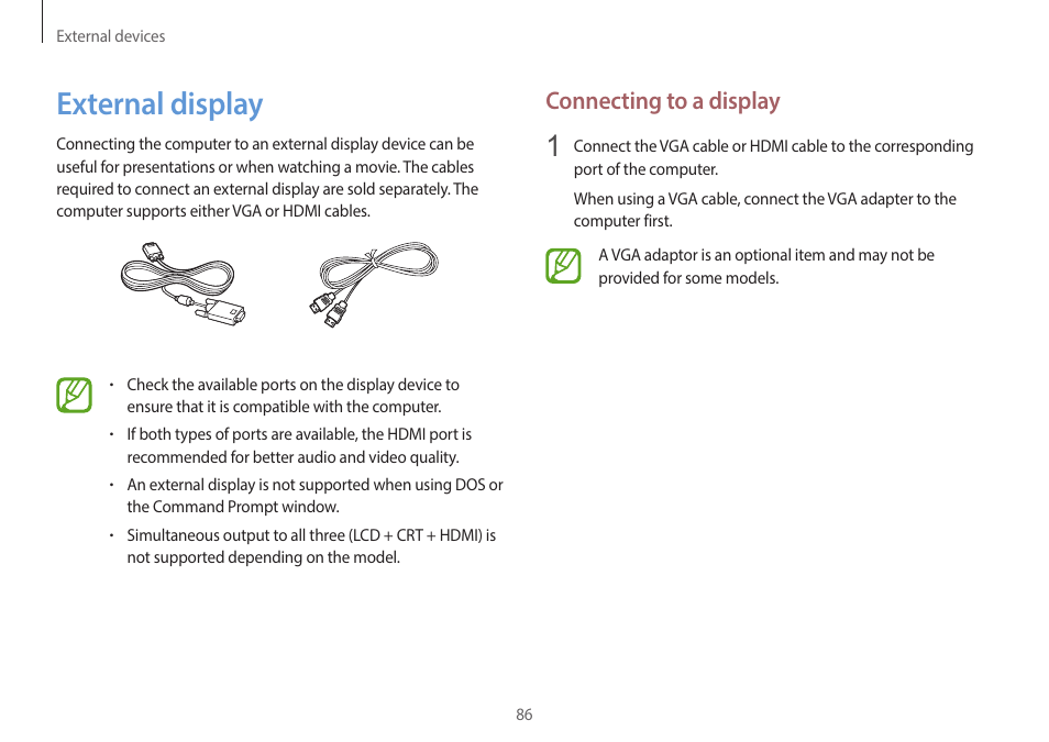 External display, 86 external display, Connecting to a display | Samsung NP940X5J-K01US User Manual | Page 86 / 149