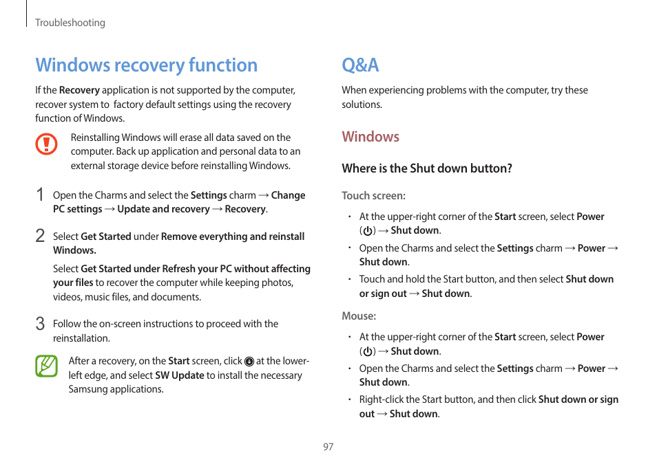 Windows recovery function, 97 windows recovery, Function | 97 q&a, Windows | Samsung NP940X5J-K01US User Manual | Page 97 / 149