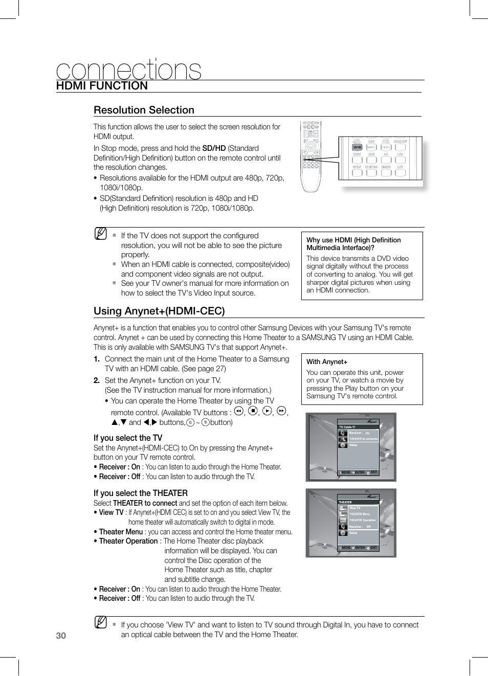 Hdmi function, Using anynet+(hdmi-cec), Connections | Resolution selection, If you select the tv, If you select the theater | Samsung HT-TZ522T-XAA User Manual | Page 30 / 78