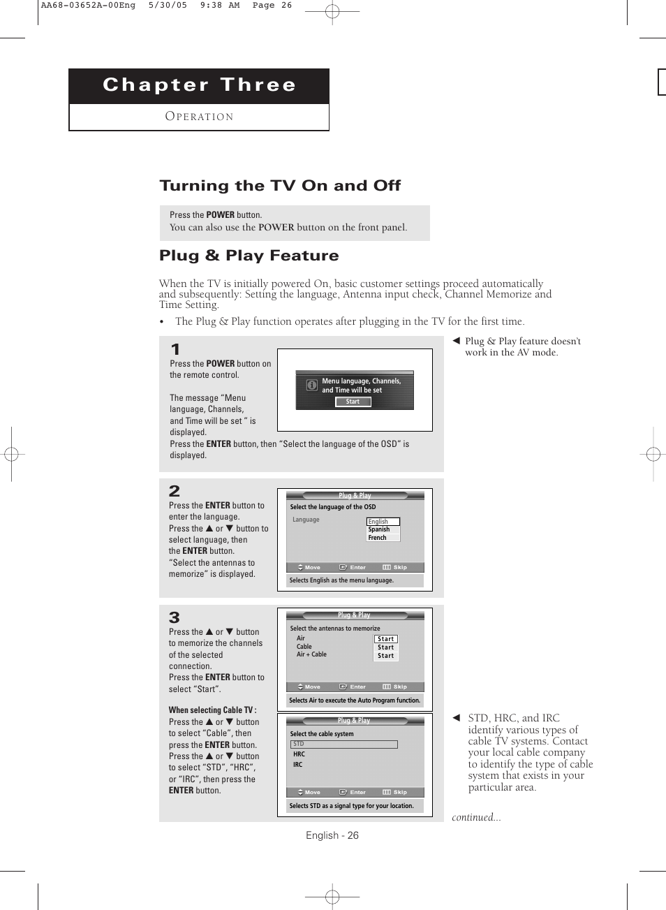 Chapter 3: operation, Turning the tv on and off, Plug & play feature | Samsung TXR3080WHX-XAA User Manual | Page 26 / 80