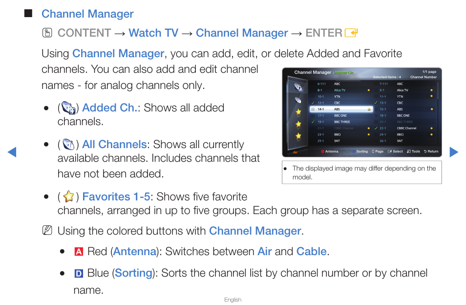 Channel manager, Added ch. : shows all added channels, Using the colored buttons with channel manager | Ared ( antenna ): switches between air and cable | Samsung PN43D430A3DXZA User Manual | Page 11 / 212