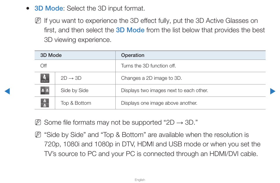 3d mode : select the 3d input format, Some file formats may not be supported “2d → 3d | Samsung PN43D430A3DXZA User Manual | Page 144 / 212