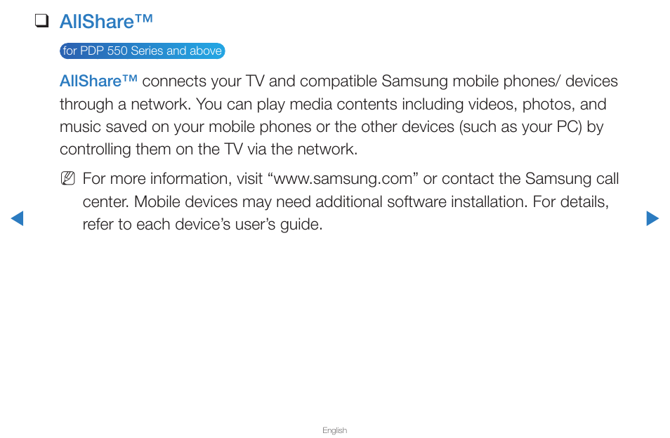 Allshare | Samsung PN43D430A3DXZA User Manual | Page 153 / 212