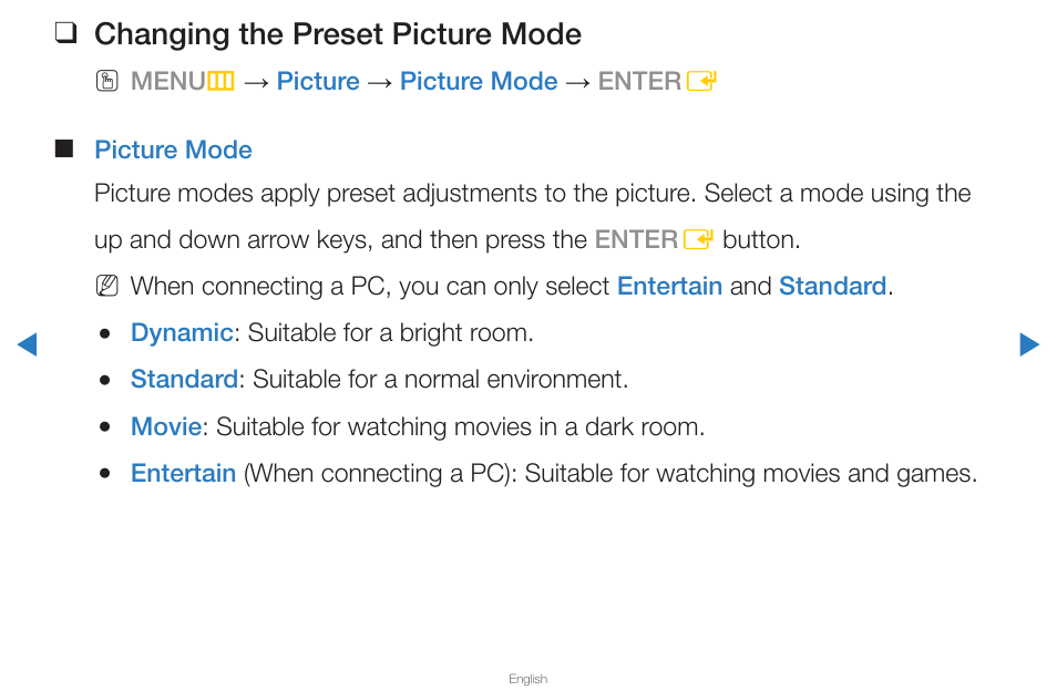 Basic features, Changing the preset picture mode | Samsung PN43D430A3DXZA User Manual | Page 26 / 212