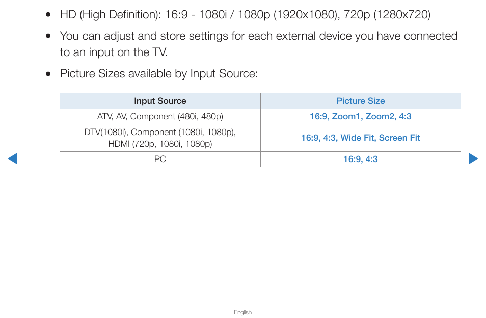 Picture sizes available by input source | Samsung PN43D430A3DXZA User Manual | Page 32 / 212